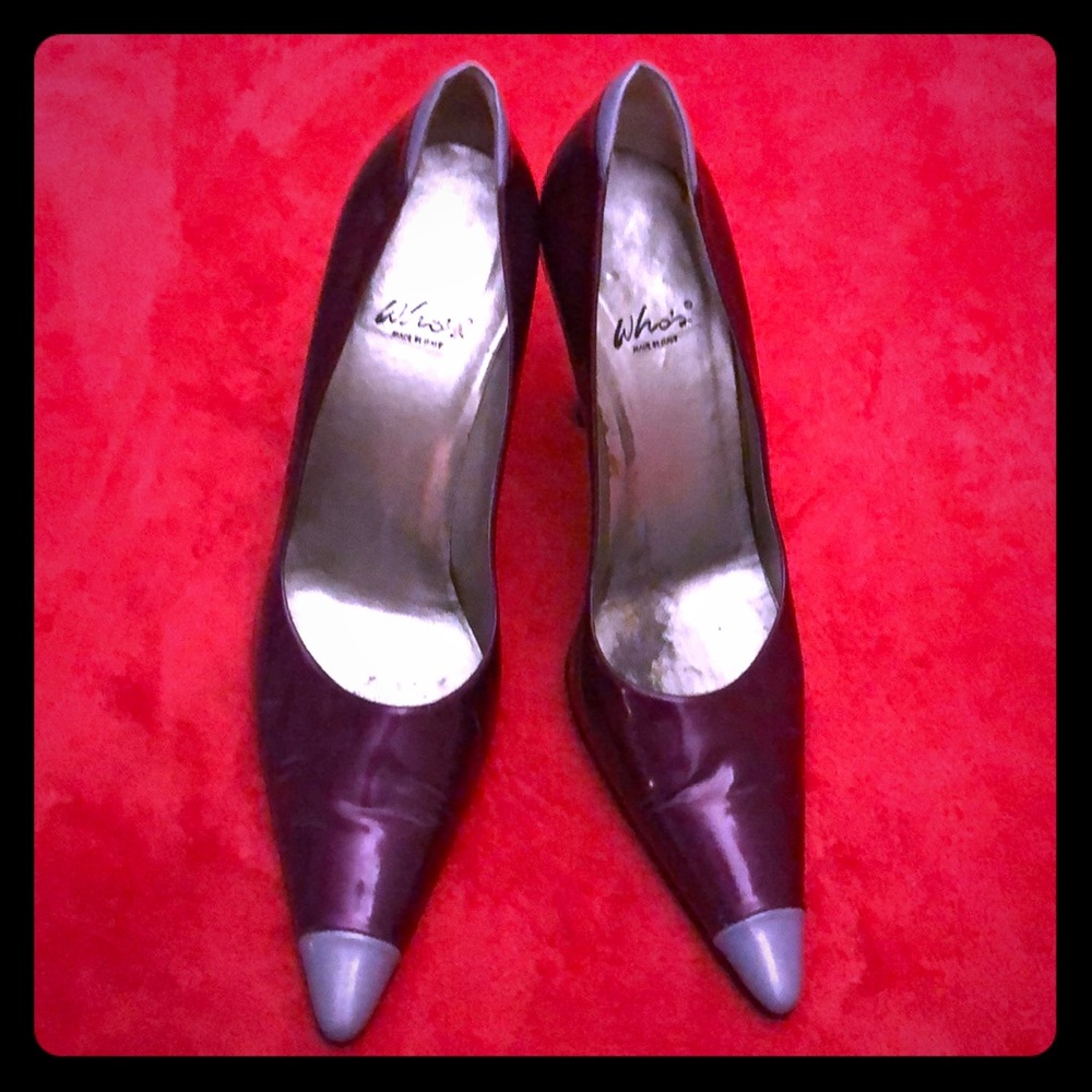 Patent purple and lavender tip steel heel.